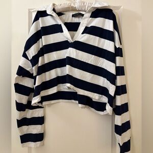 Navy and White Striped Cropped Polo 3X 22 24 V-neck Shirt